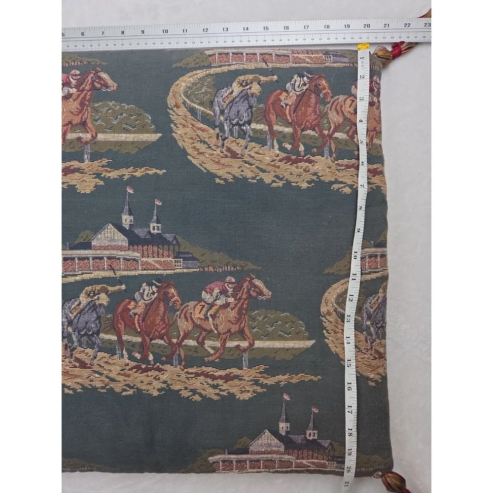 Vintage Equestrian Tapestry Pillow Cushion Tassels Derby Horses Jockey Valdese